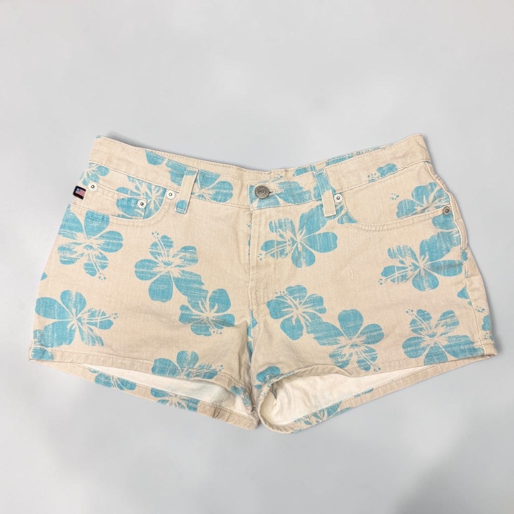 Rare Polo Jeans Co. Coastal Y2K Womens Hibiscus Floral Denim Shorts Size 4